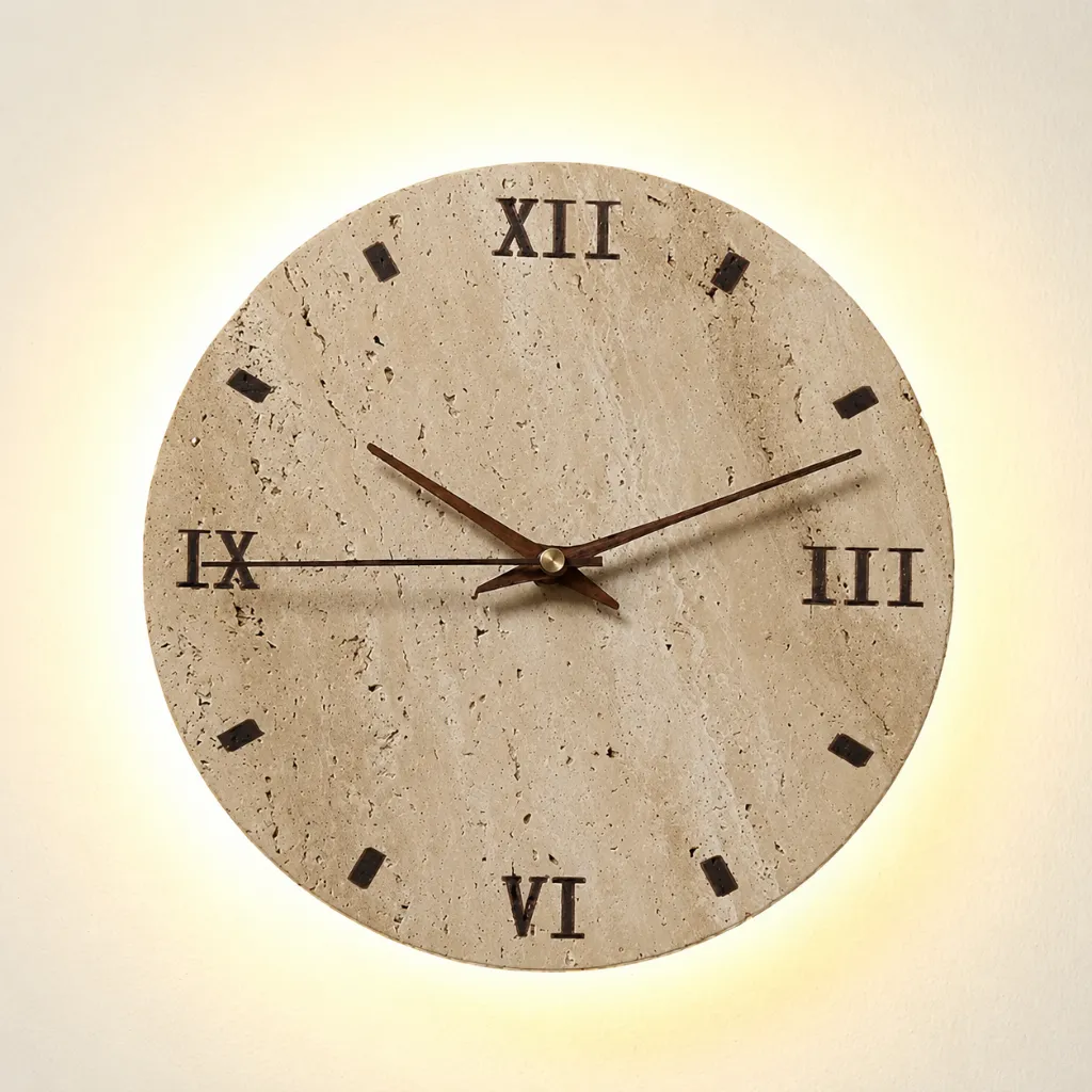 Roman Numeral Travertine Clock Wall Sconce 1.webp